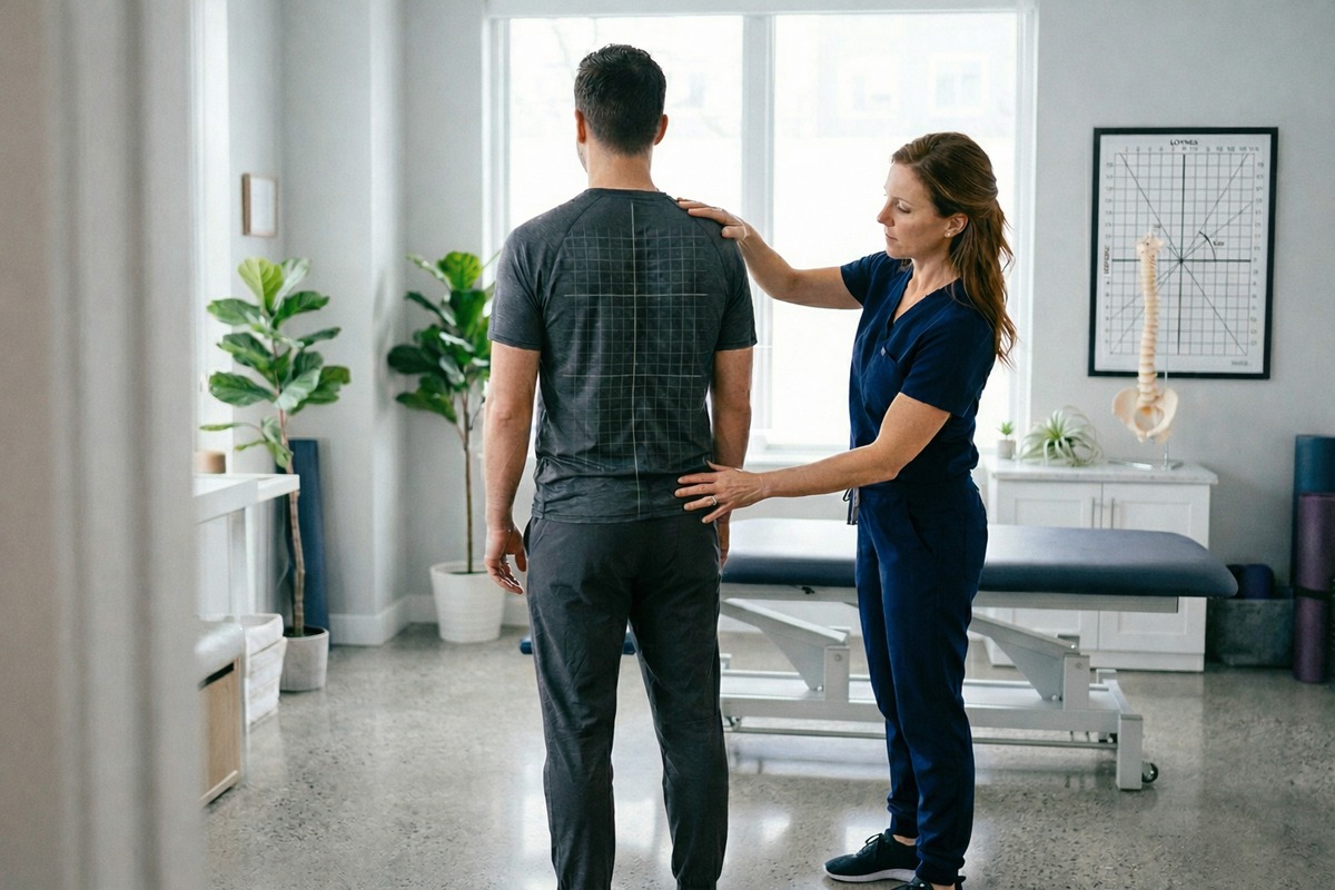 Professional physiotherapist performing clinical postural assessment examining patient spine alignment